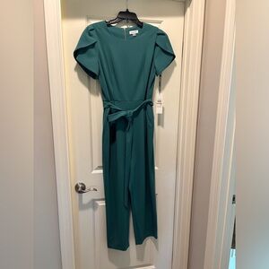 NWT. Woven Puff-Sleeve Jumpsuit in Teal with Waist Tie